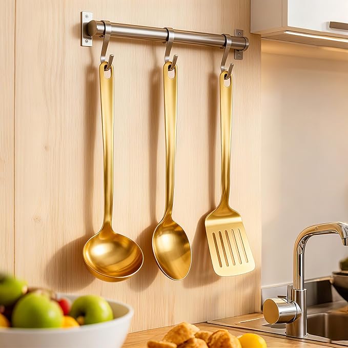 Kitchen Cooking Utensils Set, 3 pcs Stainless Steel Cooking Utensils Spatula Set with Titanium Gold Plating, Kitchen Gadgets Utensil Set