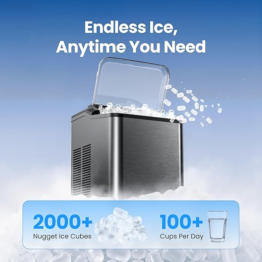 VIBOFROST Nugget Ice Maker Countertop, Fast 35lbs/24H Sonic Pebble Ice Machine, Self-Cleaning Anti-Scale System, Stainless Steel Portable Ice Maker for Home, Kitchen, RV, 10 Cleaning Packets