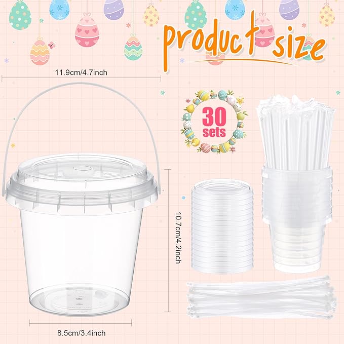 Funnymoom 30 Set Easter Clear Plastic Cups with Lids & Straws, 24oz Disposable Rum Buckets Cocktail Pails Bulk with Handles & Stickers Creative Egg Hunt Baskets Party Favors for Adults
