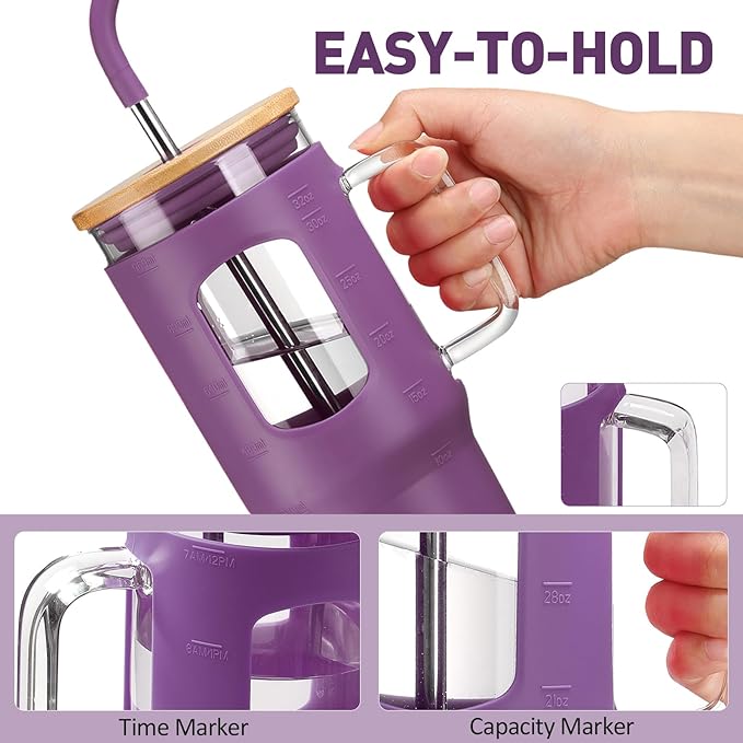 WINSA Glass Tumbler with Straw & Lid, 32 oz Glass Cup with Handle, Water Bottles with Time Marker - 2 Straws & Silicone Protective Sleeve Dark Purple