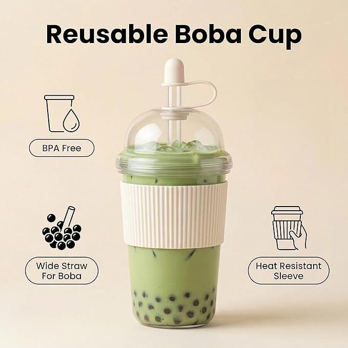 Reusable Iced Coffee Cups with Lids and Straws 17oz, Boba Cup with Straw, Tumbler with Silicone Sleeve for Cold Drinks, Iced Coffee, Bubble Tea ，White