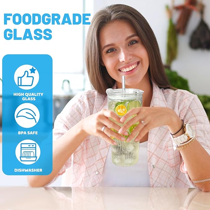 20 oz Glass Tumbler with Lid and Straw, Clear Ribbed Iced Coffee Cup, High Borosilicate Glass Tumbler, Reusable Vintage Glassware for Iced Coffee, Smoothies, Cocktails, and Juices (Pattern)