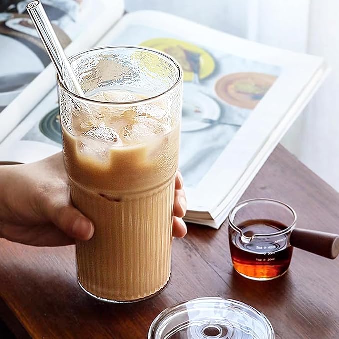 JunVpic Glass Tumbler with Straw and Lid, 20 OZ Clear Iced Coffee Glasses Cups for Ice Water, Juice, Tea, Milk, Smoothie and Cold or Hot Drinks, Set of 2