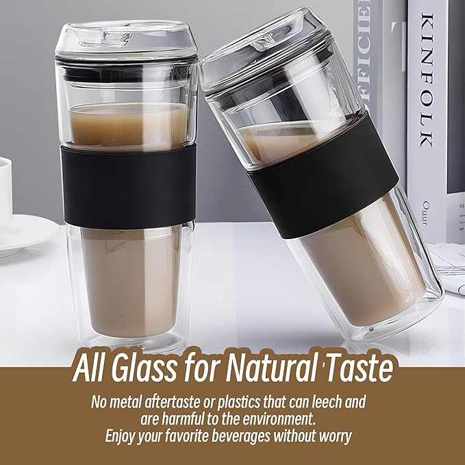 Double Wall Glass Tumbler 10 ounce All Glass Reusable Insulated Tea/Coffee Mug & Lid, Hand Blown Glass Travel Mug (10 ounce) No Leaks, Silicone Grip for Easy Carry, Natural Taste