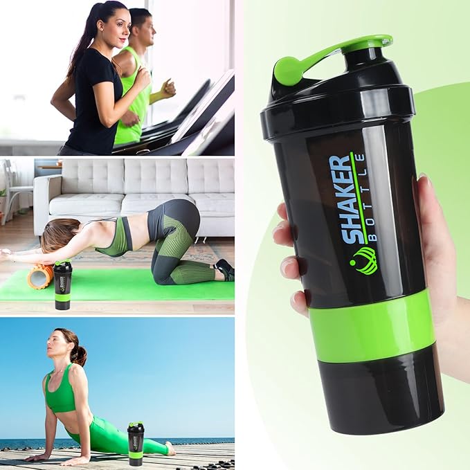 Protein Shaker Bottle,Sports Water Bottle,Leak Proof Shake Bottle For Protein Mixer,Non Slip 3 Layer Twist Off 3oz Cups with Pill Tray,Workout Shaker Bottle 16oz,Green