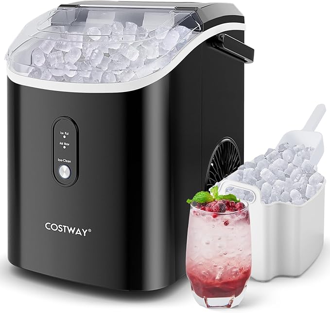 COSTWAY Nugget Countertop Ice Maker, Ready in 6 Mins, 34 lbs/24H, Ice Machine with Soft Chewable Pellet Ice, Self-Cleaning, One-Click Operation, Ice Basket & Ice Scoop for Kitchen (Black)