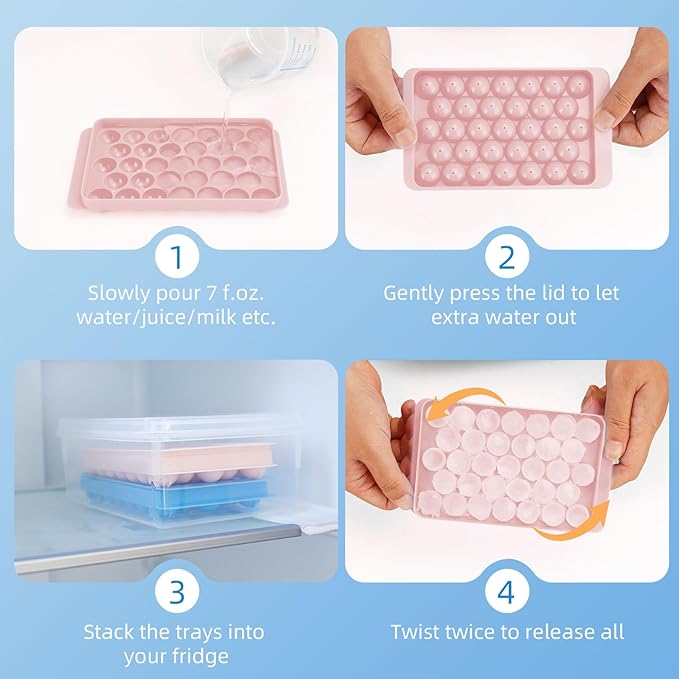 2 Pack Ice Cube Trays Set -with Lids, Storage Container & Ice Tongs,66-Count Stackable Freezer Ice Cube Molds,BPA-Free Mini Ice Maker for Whiskey, Cocktails, Soda & More (1xBlue+1xPink)