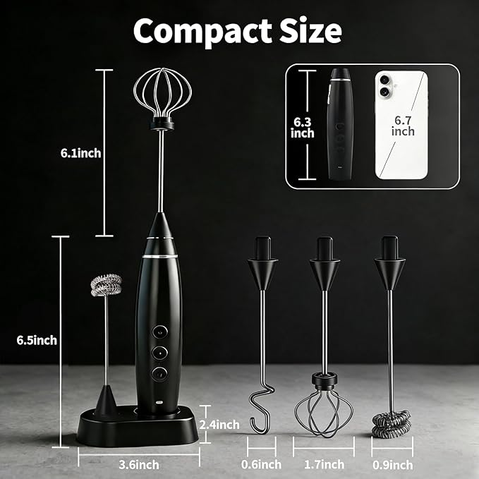 3-in-1 Electric Milk Frother with 3 Stainless Steel Whisks, USB Rechargeable Handheld Foam Maker with Charging Stand, 3 Speed Coffee Frother for Latte, Cappuccino, Hot Chocolate