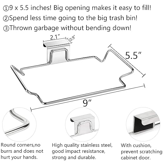 Large Stainless Steel Trash Bag Holder for Kitchen Cabinets Doors and Cupboards, Under Sink Bag Holder, Garbage Bag Holder, Waste Can, Hanging Kitchen Trash Cans