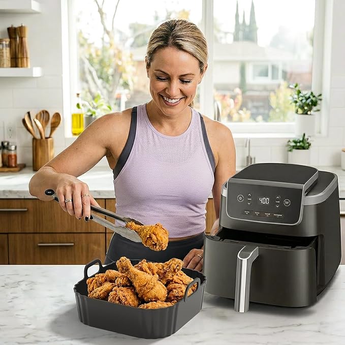 Square Silicone Air Fryer Liners 2 Pack, 8.5 Inch Reusable Air Fryer Liners for 5–6.5QT, Compatible with Ninja AF141/AF181, COSORI, Non-Stick Silicone Basket Accessories