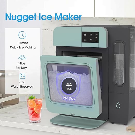 VECYS Nugget Countertop Ice Maker W/Side Tank, 44LBS Daily Ice Making Capacity, Portable Design Nugget Ice Maker Machine with Self-Clean Function, Green