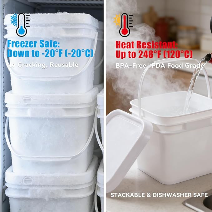 Food Storage Buckets with Lids - 4 Set Square Clear Plastic Containers, Airtight Pressure Seal & Handle for Kitchen Freezer Prep (White, 68 oz)