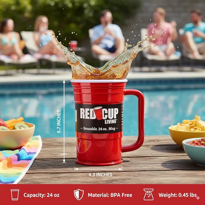 Red Cup Living 24Oz Party Mug Glass Tumbler- Reusable Unbreakable st patricks day accessories & spring break essentials Drinkware, Big Grip Tumbler,Root Beer Float Glasses - Pack of 2