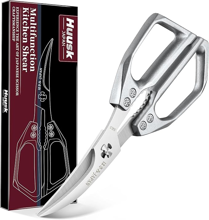Huusk Seafood Scissors Silver - Stainless Steel Kitchen Shears Dishwasher Safe, Sharp Japanese-Style Kitchen Scissor for Crab, Shrimp, Lobster, Herbs and Food Prep, Christmas Gifts for Men Women