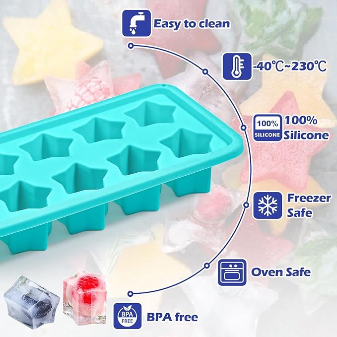 Webake Star Ice Cube Tray with Lid, 2 Packs Silicone Star Ice Molds for Freezer, Reusable Ice Cube Trays for Cocktails, Whiskey & Chilled Drinks