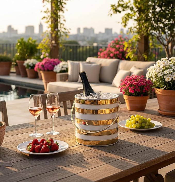 Made In USA Metallic Deco Collection Double Walled Insulated Ice Bucket With Ice Tongs (3-Quart, White & Gold Stripes)