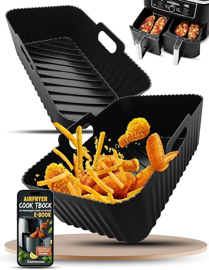 Silicone Air Fryer Liners 2 Pack for Ninja Dual Zone AF400UK AF451UK AF300UK 7.6–9.5L Foodi MAX, Compatible with Tower T17088, Keplin, EMtronics Reusable Non-Stick Dishwasher Safe Accessories