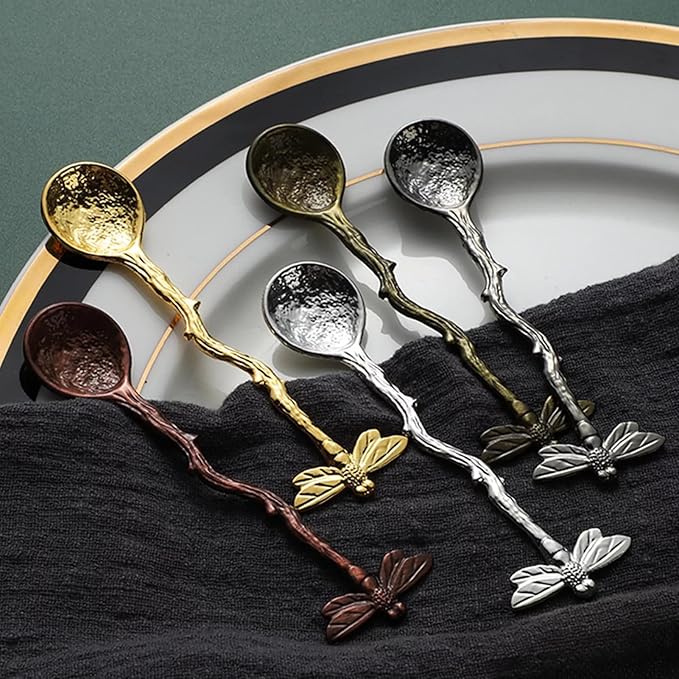 Retro Dragonfly Spoon Coffee,Teaspoon Stainless Steel Tableware Creative Sugar,Tea Spoon Stir Bar, Dessert, Cake, Long Handle Spoons Kitchen Gadget Antique (Red Bronze)