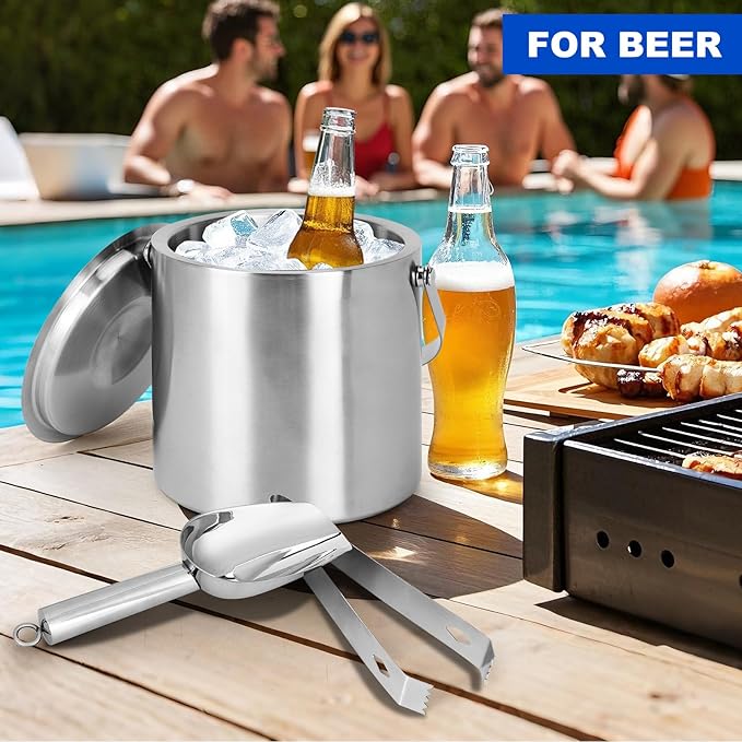 Portable Ice Buckets for Parties,3 Liter Double Wall Ice Bucket with Lid,Scoop,Tongs,Handle,Stainless Steel Ice Container to Keep Ice Frozen Longer- Ideal for Cocktail Bar,Camping,Chilling Beer/Wine