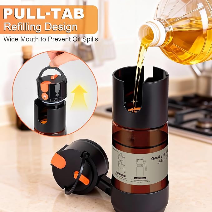 2-IN-1 Oil Sprayer for Cooking with 8 Stickers Light-Blocking Dark Glass Olive Oil Dispenser Bottle for Kitchen 500ml/16.9oz Oil Mister for Air Fryer, BBQ,Salad Even Spray with Portion Control