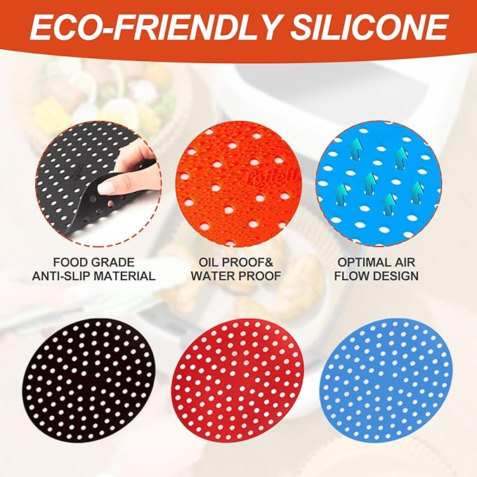 Air Fryer Silicone Liners,3 Pack Reusable Food-Grade Silicone Mat, Non-stick Heat Resistant Air Fryer Accessories (L-Rotundity)
