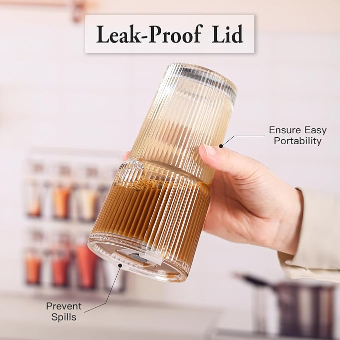4PCS Ribbed Glass Cups with Lids and Straws, 20oz Vintage Drinking Glasses, Aesthetic Iced Coffee Cups, Glass Tumbler for Boba, Beer, Tea, Cocktails, Ribbed Glassware Set (Clear-6)