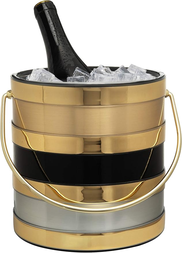 Made In USA Metallic Deco Collection Double Walled Insulated Ice Bucket With Ice Tongs (3-Quart, Gold With Black & Gray Stripes)