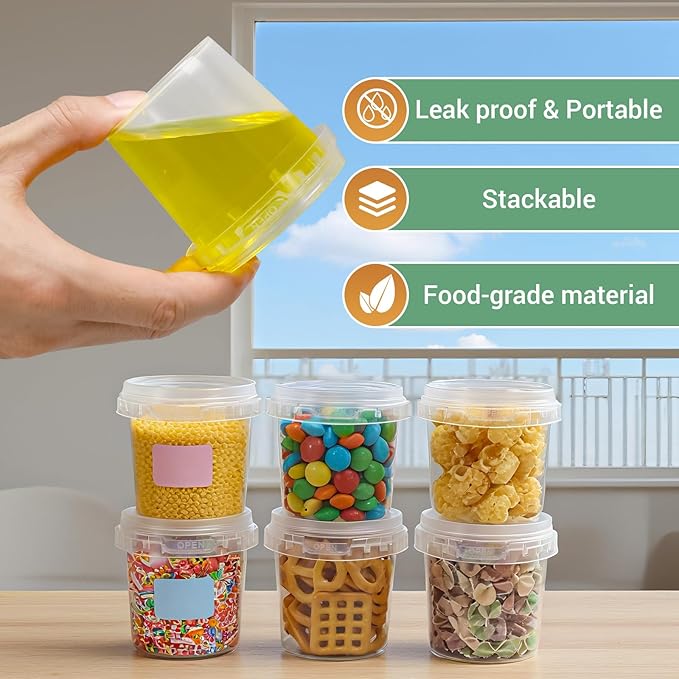 Airtight Clear Plastic Bucket with Lid, Ice Buckets for Parties, Reusable Ice Cream Tub with Handle, Food Storage Container, Food Grade Freezer and Microwave Safe for Sauce, Soup (5 OZ/12 PACK)
