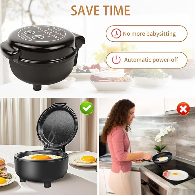 Hyvance Smart Fried Egg Cooker, Automatic Fried Egg Maker for 6 Features like Sunny Side Up, Over Easy, Fully Cooked & More. Auto Power Off, Alarm, Round Shape, Non Stick Coating (Black)