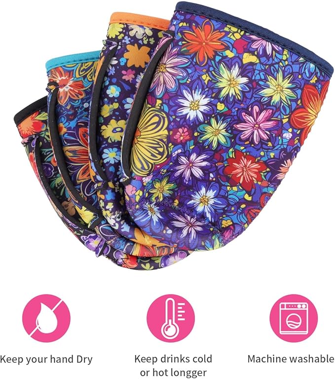 4Pack Reusable Iced Coffee Sleeve Insulator Sleeves for Cold Drinks Beverages, Neoprene Cup Holder for Most Coffee, Fits 22-24oz Medium Cups (Abstract Flowers with Handle)