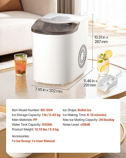 VEVOR Countertop Ice Maker, 7 Cubes Ready in 6 Mins, 26 lbs per Day, Self-Cleaning Portable Machine with Ice Scoop, Ice-Making Machine with 2 Sizes Bullet ICES for Home, Kitchen, Office, Bar & Party
