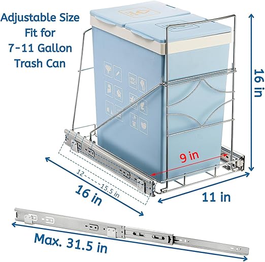 Youeon Pull Out Trash Can Under Cabinet, Adjustable Stainless Steel Under Sink Trash Can Pull Out, Slide Out Garbage Shelf, Fit for 7-11 Gallon Trash Can(Not Included)