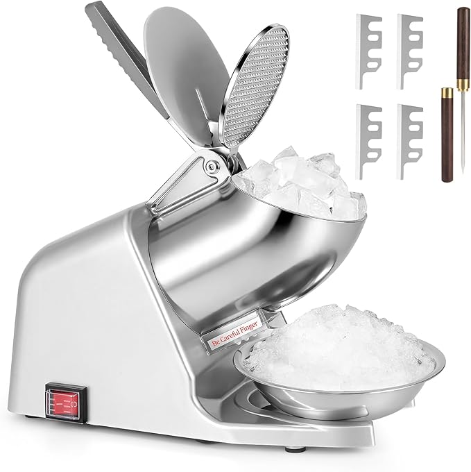 Four Blades 226lbs/hr Electric Ice Crusher, 300W Ice Shaver, 2200 RPM Shaved Ice Machine with Extra Blade and Ice Pick for Home and Commercial Use, ETL-Listed, Silver