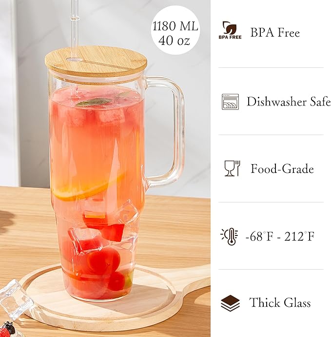 40 oz Glass Cups with Lids and Straws 2 Pack Large Glass Tumbler with Handle Borosilicate Ice Coffee Cups, with Bamboo Lid & Plastic Lid, for Boba, Smoothies, Beer, Juice