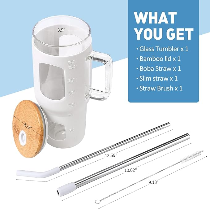 WINSA Glass Tumbler with Straw and Lid, 32 oz Glass Cup with Handle, Glass Water Bottles with Time Marker, Silicone Protective Sleeve - White