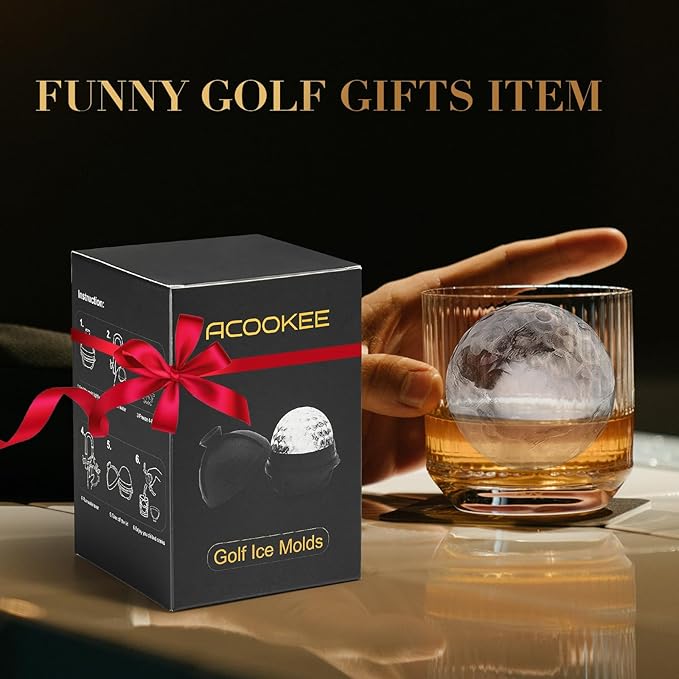 ACOOKEE Novelty Golf Ball Ice Maker Mold Set of 2, Funny Golf Gifts for Men Golfers, 2.5" Large Sphere Round Ice Cube Molds for Whiskey, Bourbon, Cocktails