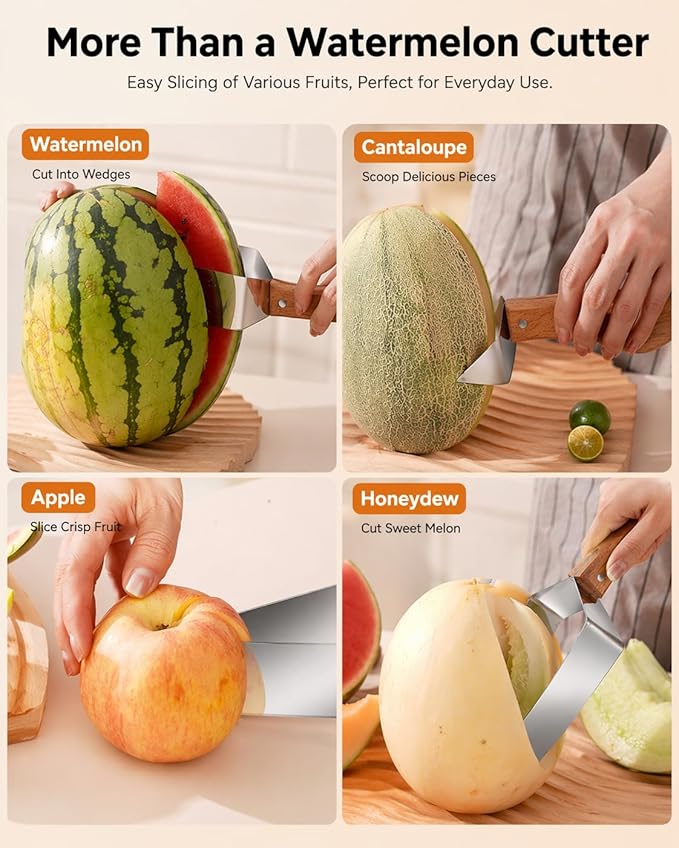 Triangle Watermelon Cutter, Watermelon Slicer Cutter Tool, 430 Stainless Steel Watermelon Cutter with Wooden Handle and Blade Cover for Watermelon Melon Apple (1 Pcs)