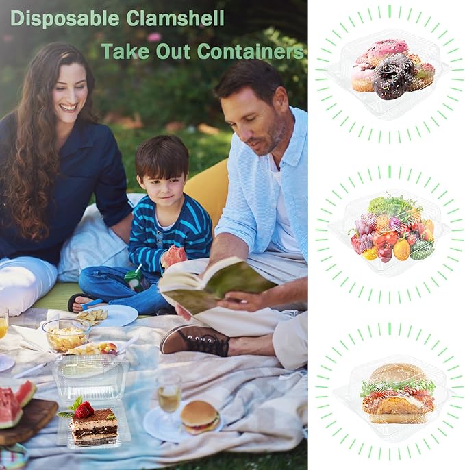 Qyyiguf 50 Pcs Clear Hinged Plastic Containers with Lids,Square To Go Containers,Disposable Clamshell Takeout Tray for Dessert,Cakes,Cookies,Salads,Pasta,Sandwiches