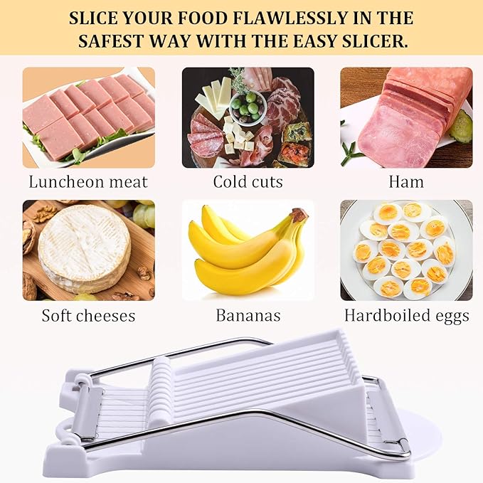 NVTED Slicer, Luncheon Meat Slicer Boiled Egg Fruit Soft Cheese Butter Slicers Cutter, Stainless Steel Wires, Cuts 10 Slices (White)