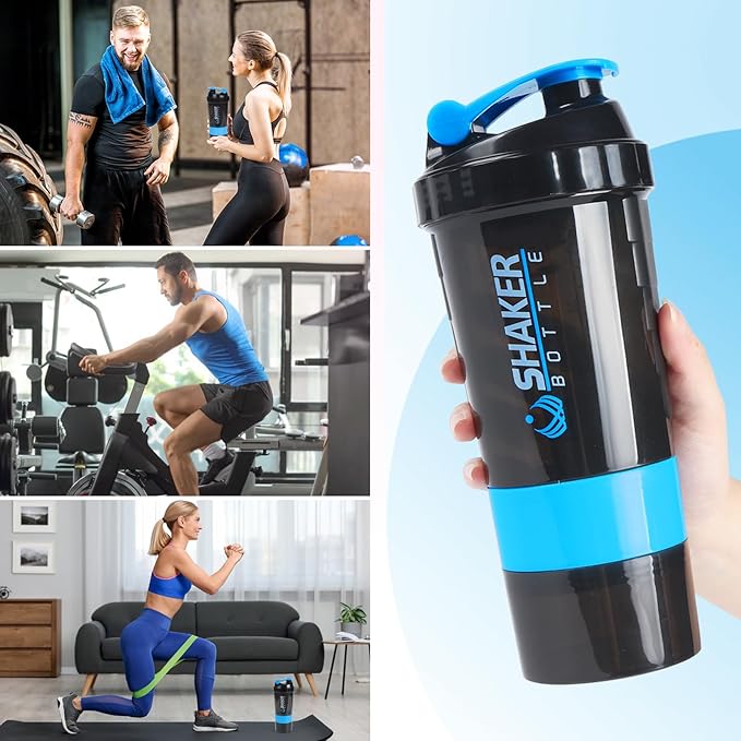 Protein Shaker Bottle,Sports Water Bottle,Leak Proof Shake Bottle For Protein Mixer,Non Slip 3 Layer Twist Off 3oz Cups with Pill Tray,Workout Shaker Bottle 16oz,Blue