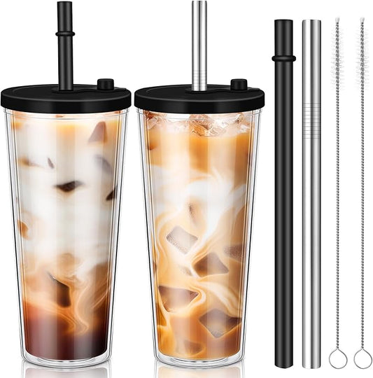Honeydak 2 Pack 24 oz Reusable Iced Coffee Cups with Lids and Straws Leakproof Double Wall Insulated Clear Plastic Iced Coffee Tumblers with Straw Brushes