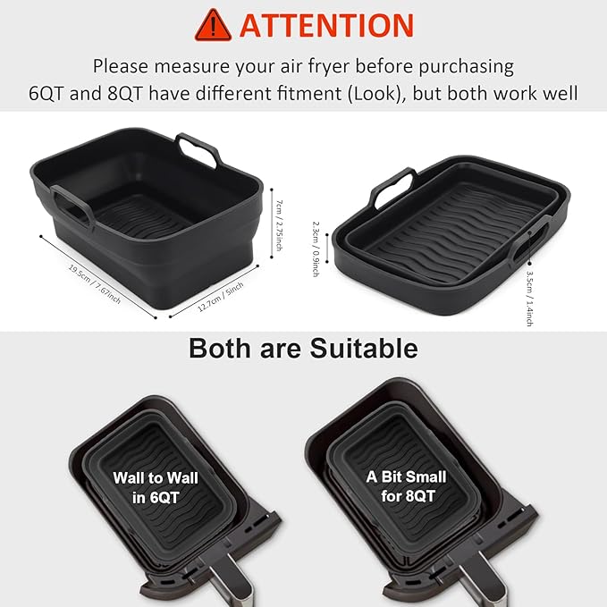Air Fryer Silicone Liners Pot for Ninja Foodi Dual DZ090 6QT, 2 Pack Reusable Air Fryer Silicone Replacement Basket Bowl, Collapsible Baking Tray for Air Fryer Accessories (Black)