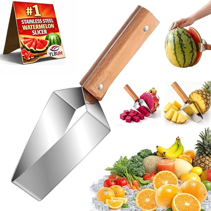 Stainless Steel Watermelon Cutter, Triangle Fruit Slicer with Wooden Handle, Melon Divider Tool for Watermelon, Cantaloupe and Honeydew, Kitchen Gadget for Picnic and BBQ (1PC)