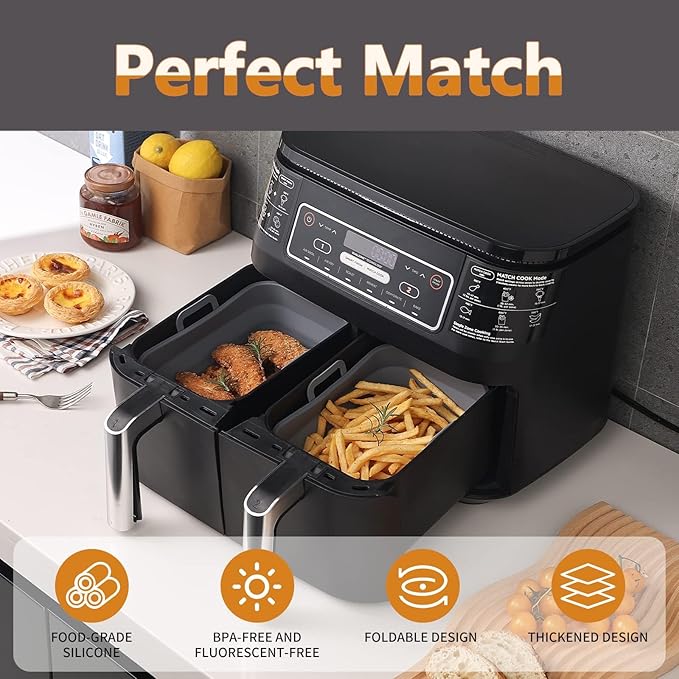 Collapsible 2-Pack Air Fryer Silicone Liners for 10QT NINJA Foodi Dual, Reusable Rectangular Silicone Basket Pot for Air Fryer Accessories (Gray)