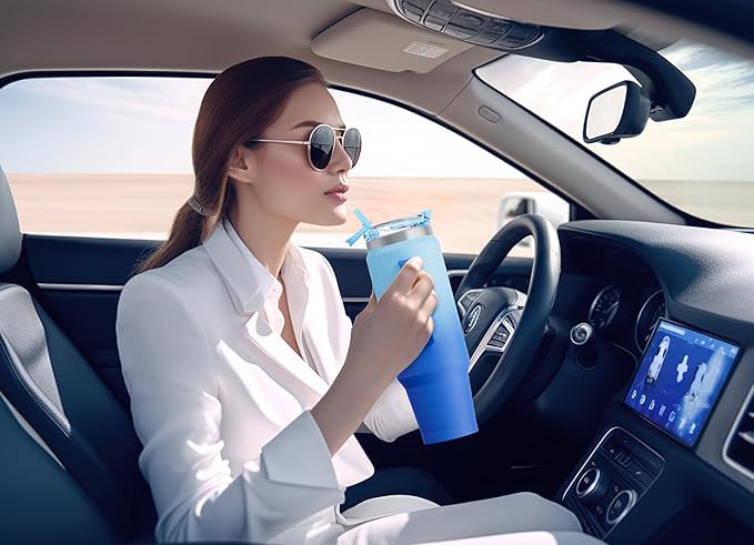 Meoky 40 oz Tumbler with Handle and Straw, Insulated Tumbler with Lid and Straw, Stainless Steel Travel Mug, Keeps Cold for 34 Hours, 100% Leak Proof, Fits in Car Cup Holder (Sky)
