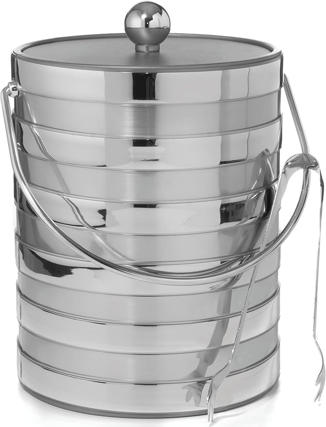 Made In USA Metallic Deco Collection Double Walled Insulated Ice Bucket With Ice Tongs (5-Quart, Silver Stripes)