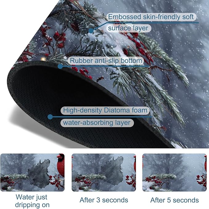 Christmas Winter Kitchen Sink Splash Guard Faucet Mat Cardinal Super Absorbent Fast Drying Mat Sink Splash Guard Behind Faucet for Kitchen Bathroom, 23.5"x5.5"