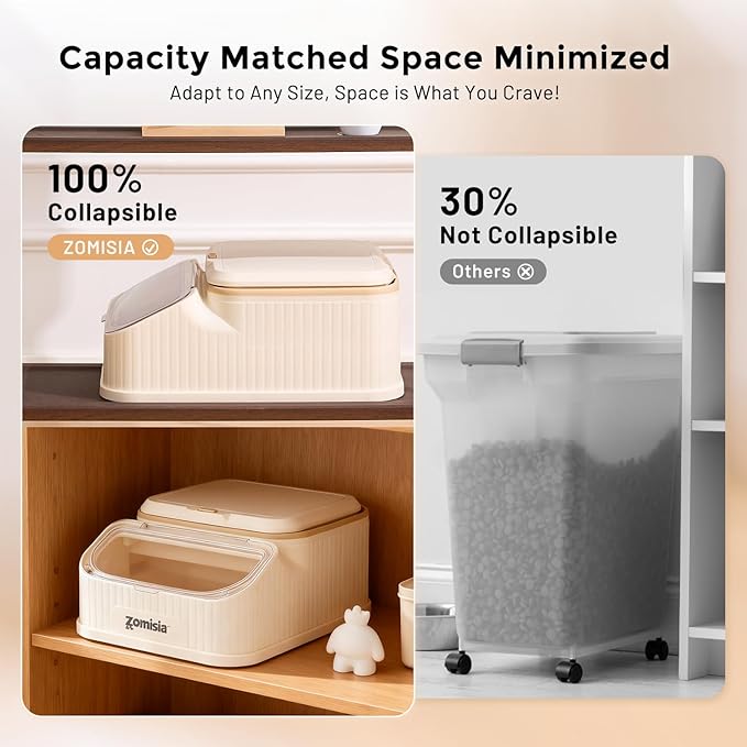 ZOMISIA 20-30lbs Collapsible Dog Food Storage - First-in, First-out Easy Dispense Base for Freshness, Pet Food Storage Containers with Transparent Lid and Scoop