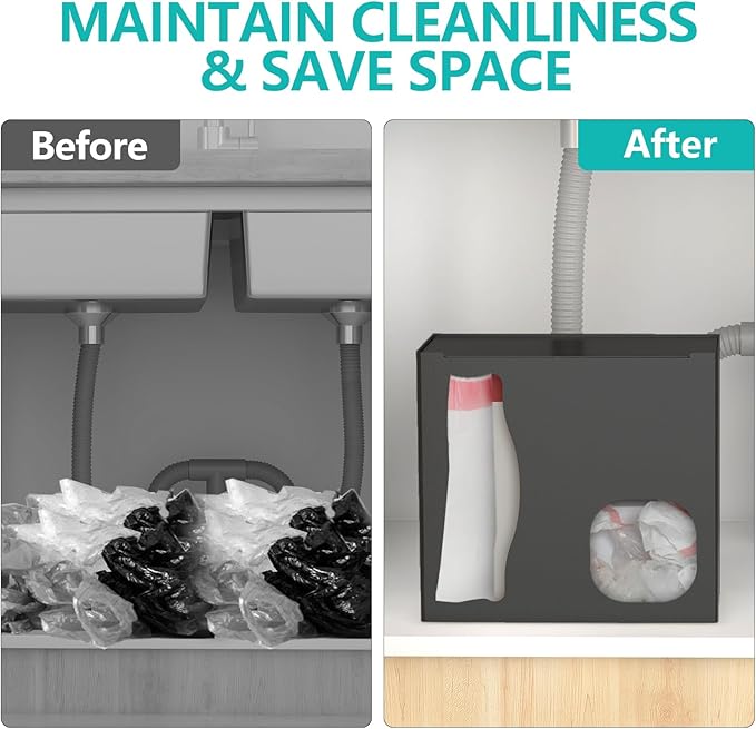 STWWO 2 in 1 Grocery Bag Holder & Trash Bag Holder Dispenser, Kitchen Grocery Storage Organizer for Cabinet, Under Sink, Wall Mounted or Countertop, Metal Black