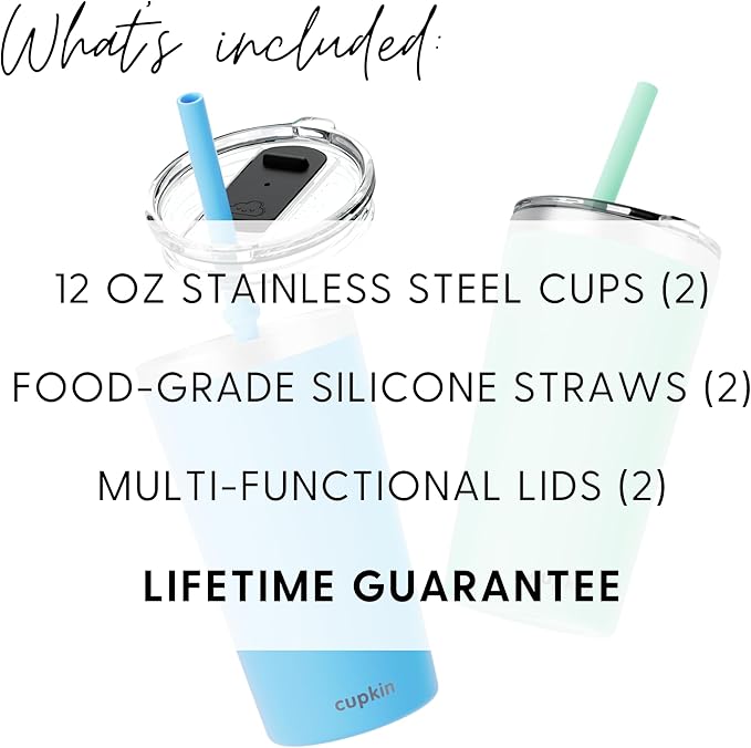 CUPKIN Reusable Cups with Lids, The Original Stackable 12 oz Stainless Steel Tumbler with Lid, Set of 2 Powder Coated Insulated Kids Tumblers, BPA Free Lids & Reusable Silicone Straws (Blue + Green)